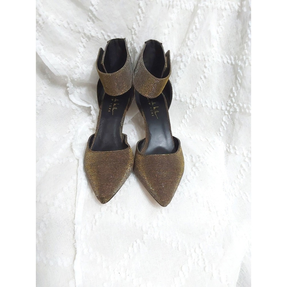 Nicole Miller New York Gold Metallic Ankle Strap D'Orsay Pumps Heels 8.5M